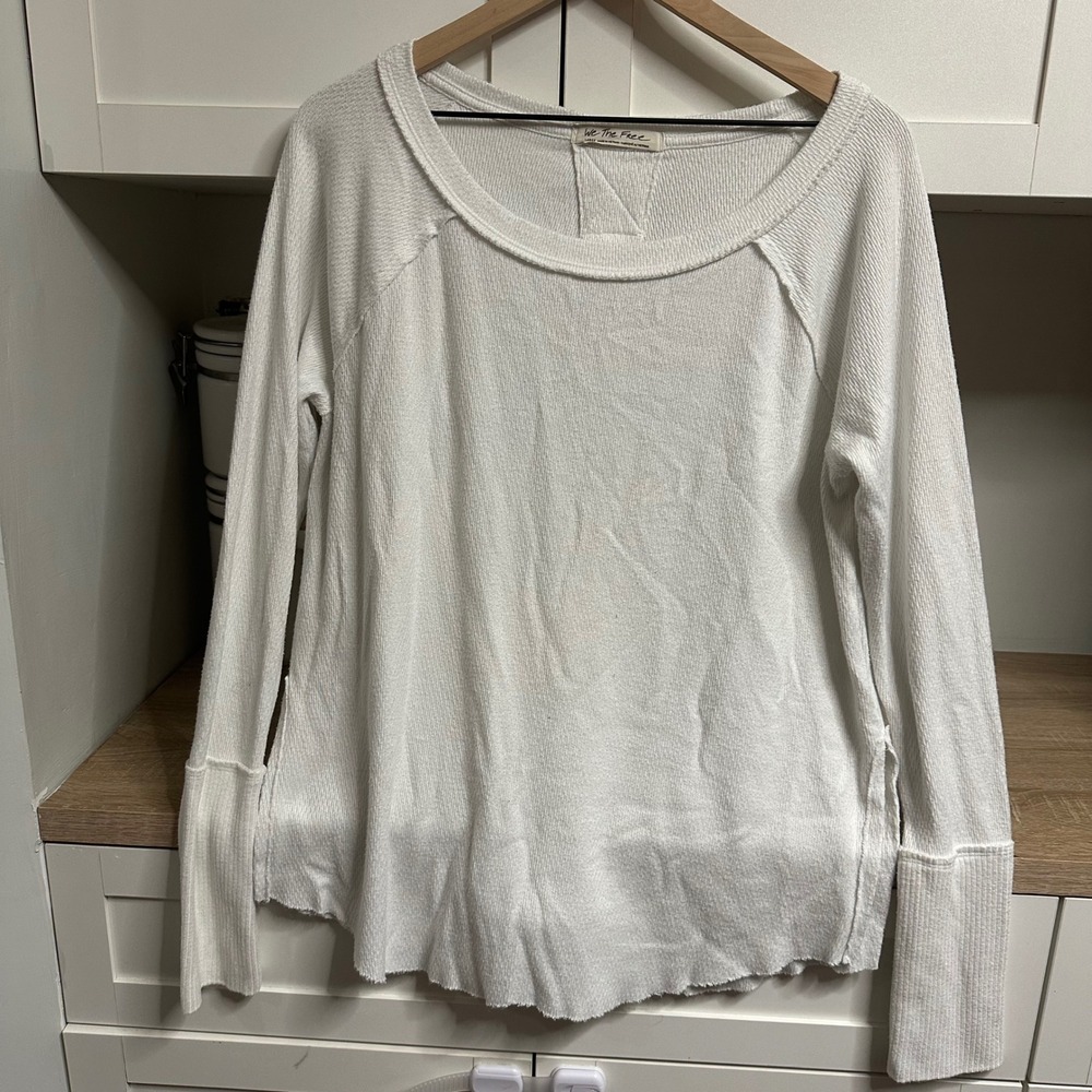 We The Free Thermal Top Women L White Waffle Knit Thumbhole Raw Hem Layering